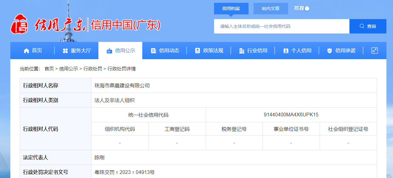 珠海市鼎晨建设被罚款10000元